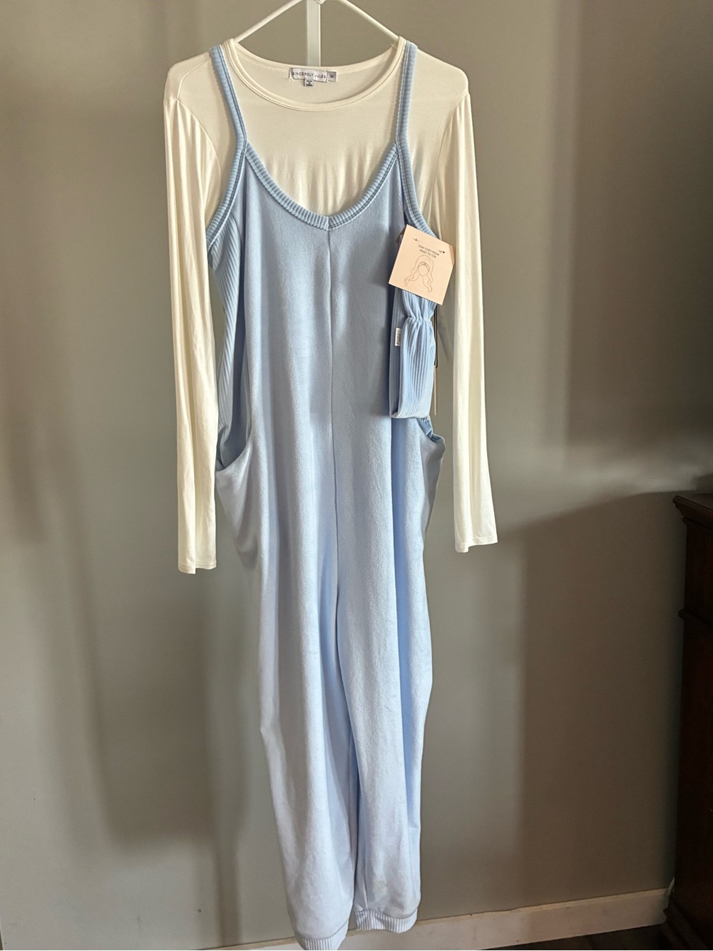 Sincerely Jules Light Blue Ribbed Jumpsuit with Cream Long-Sleeve Top